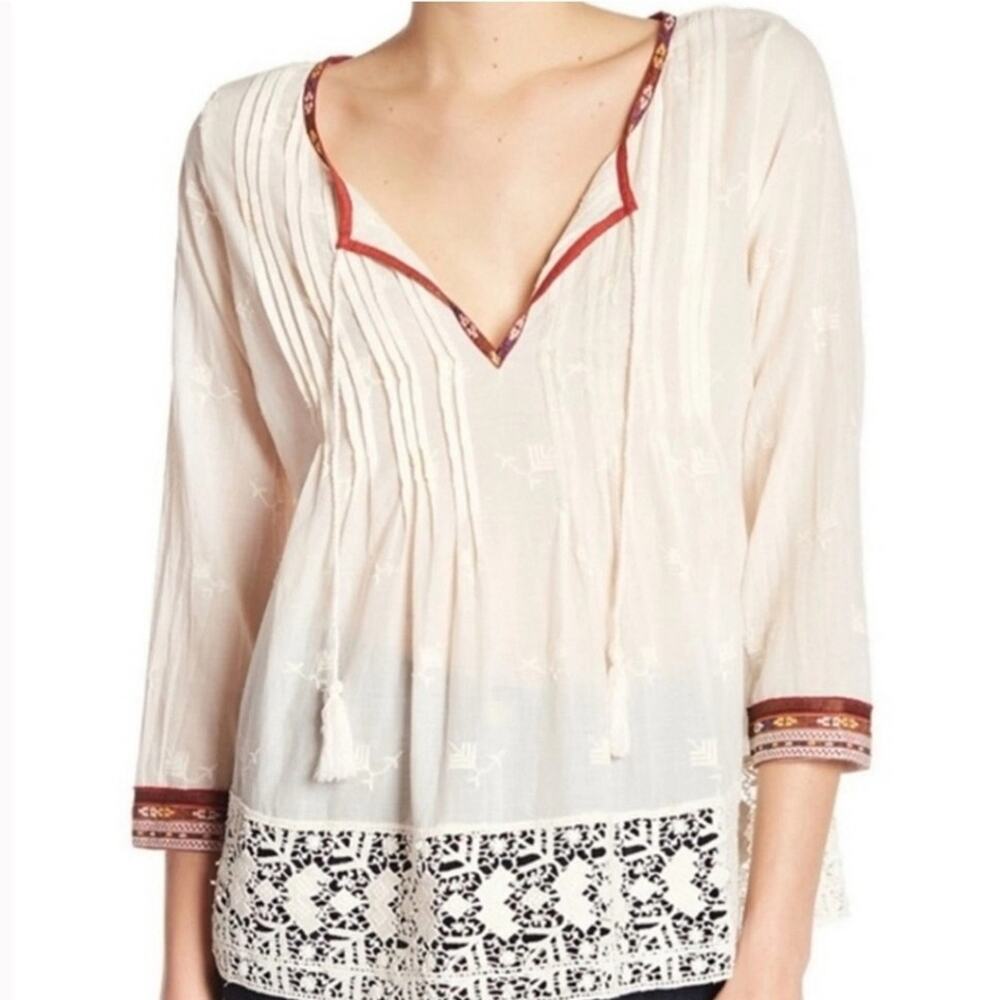 Joie 100% Cotton Cream Embroidered & Lace Trim Pintucked Semi-Sheer Peasant Top